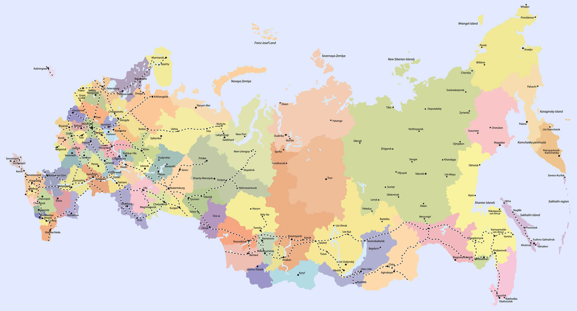 Detaillierte Karte von Russland mit Städten und Regionen